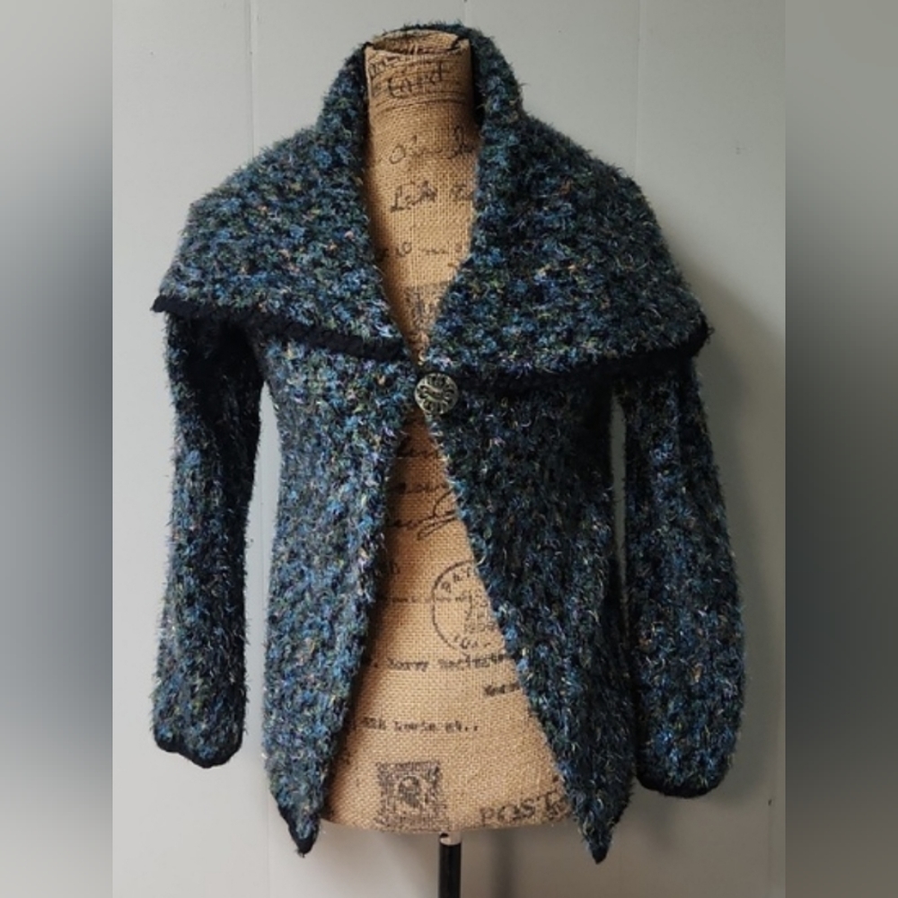 Vintage Susan Bristol 26% wool multicolored cardigan.   Size small.  Black trim.